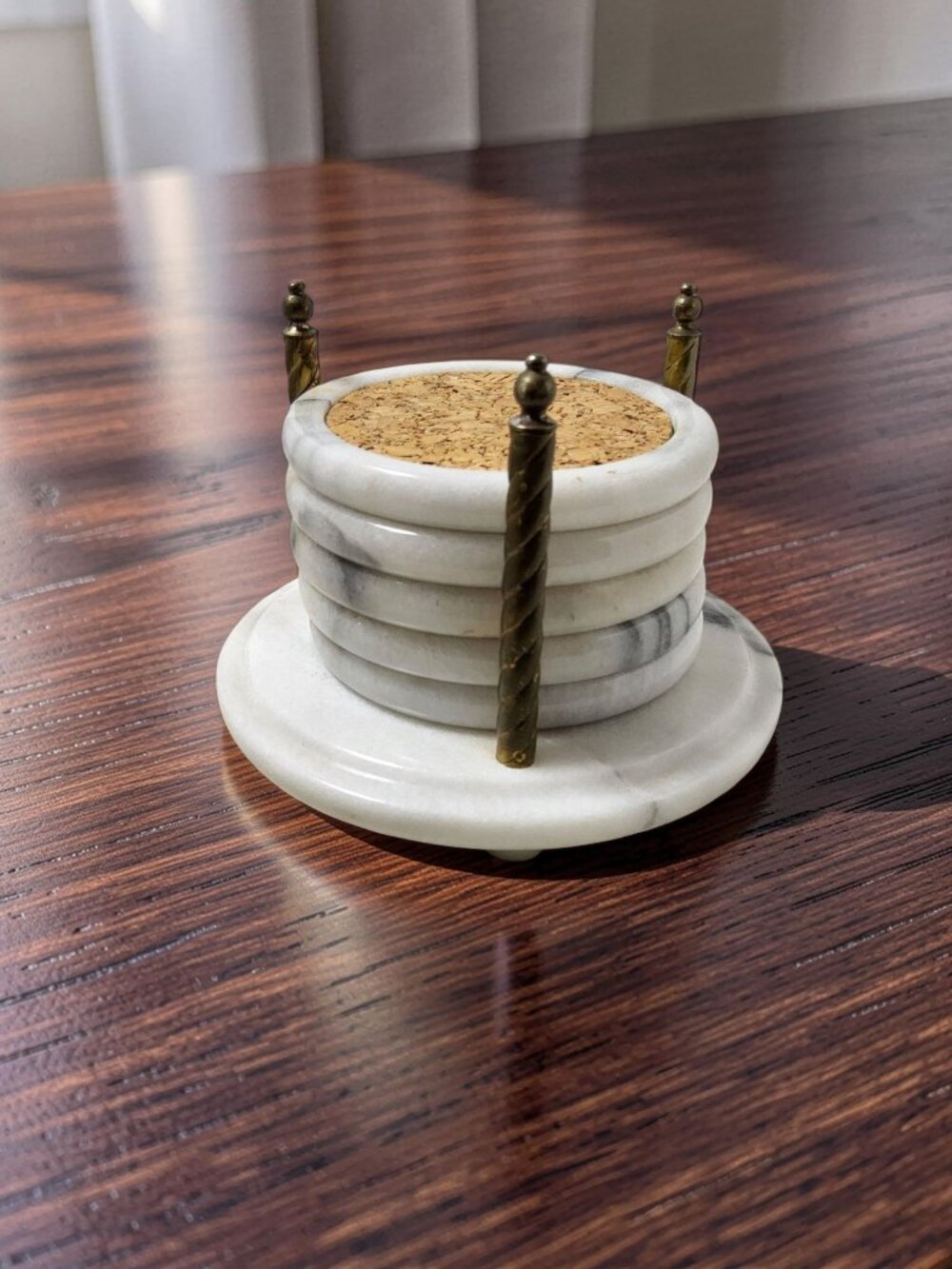 Vintage Brass and White and Gray Marble Set of 5 Cork Coasters